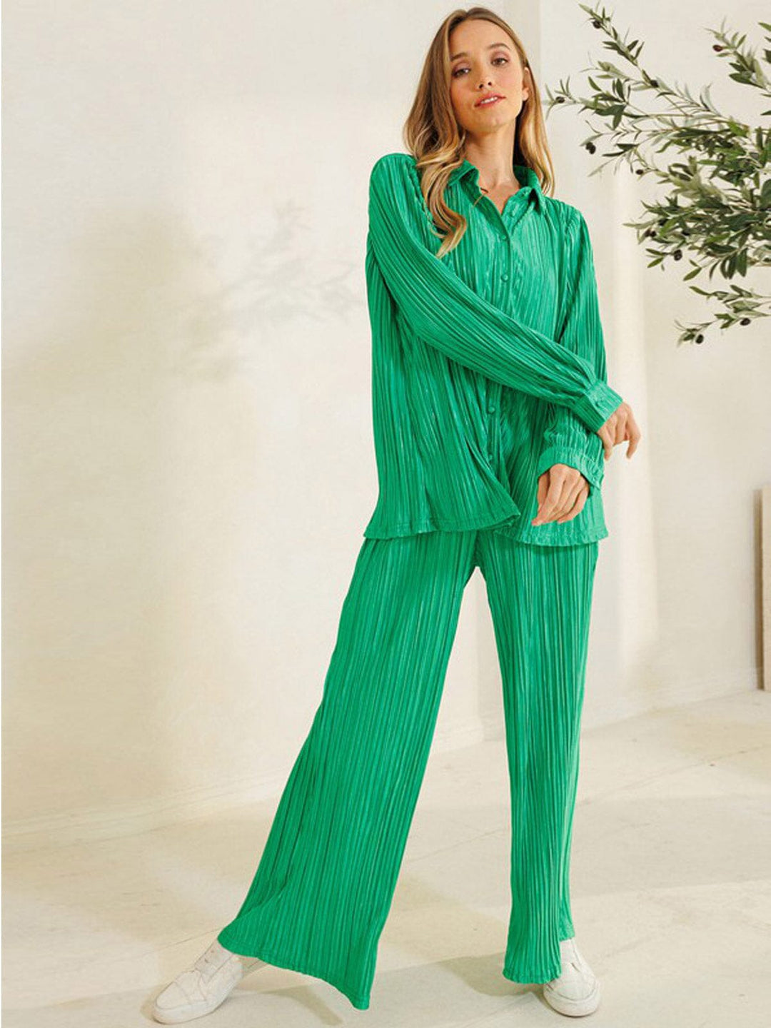 WOMEN'S LONG SLEEVE BLOUSE & ELASTIC WAIST PANTS PLEATED 2PC.SET