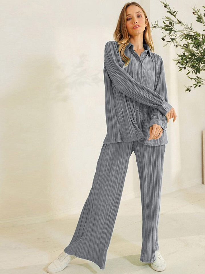 WOMEN'S LONG SLEEVE BLOUSE & ELASTIC WAIST PANTS PLEATED 2PC.SET