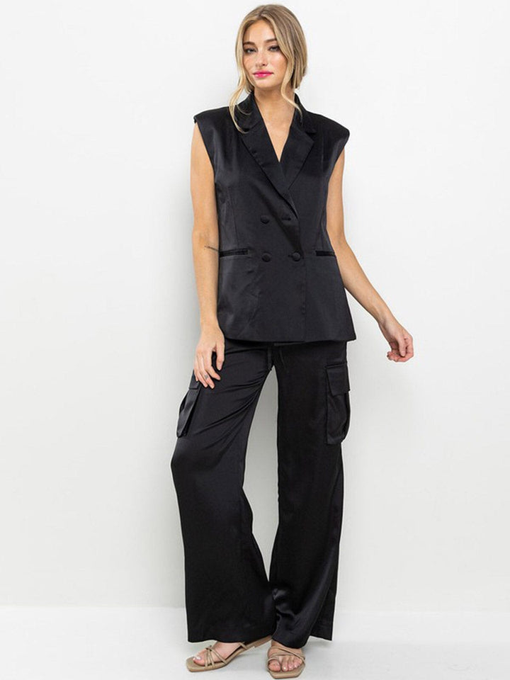 WOMEN'S SLEEVELESS SHOLDER PADDING TOP & WIDE LEG PANTS SATIN 2PC. SET