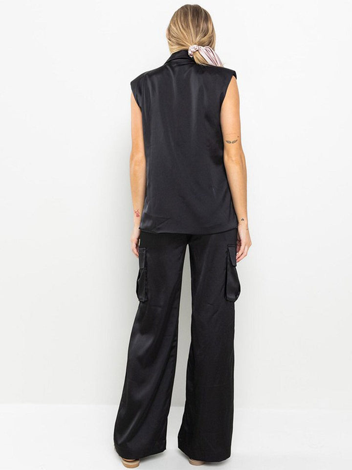 WOMEN'S SLEEVELESS SHOLDER PADDING TOP & WIDE LEG PANTS SATIN 2PC. SET