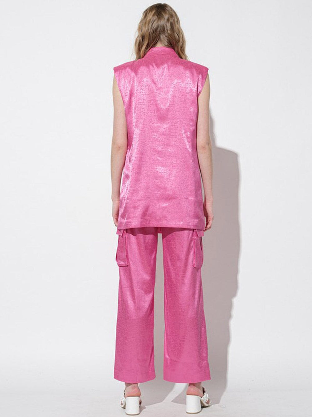 WOMEN'S SLEEVELESS SHOLDER PADDING TOP & WIDE LEG PANTS SATIN 2PC. SET