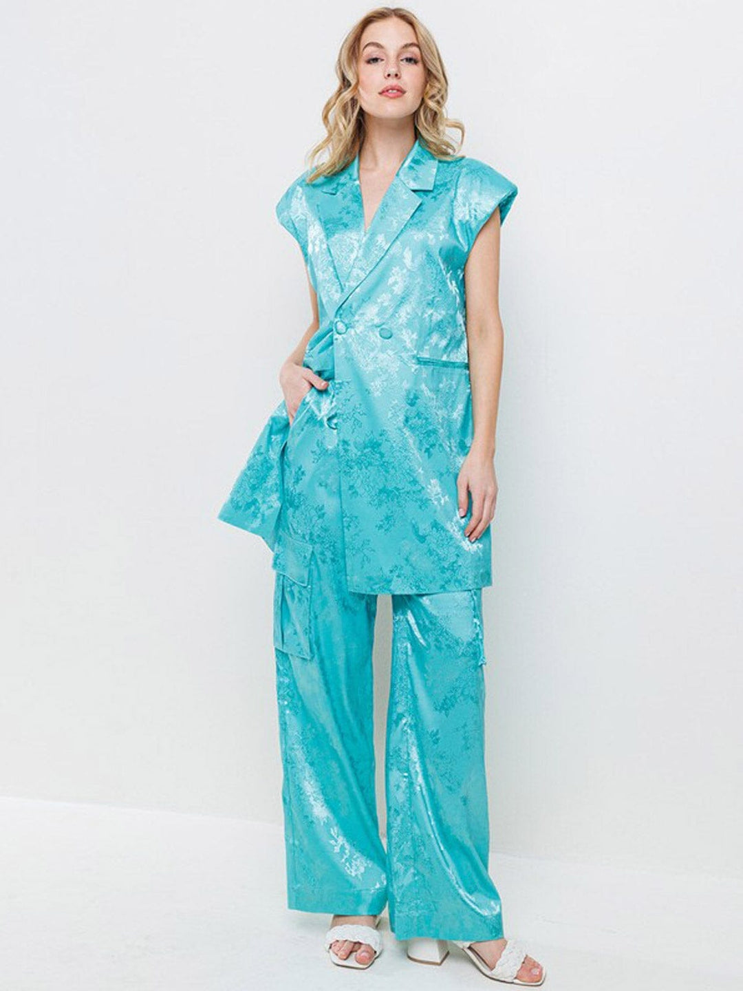 WOMEN'S SLEEVELESS SHOLDER PADDING TOP & WIDE LEG PANTS FLORAL 2PC. SET