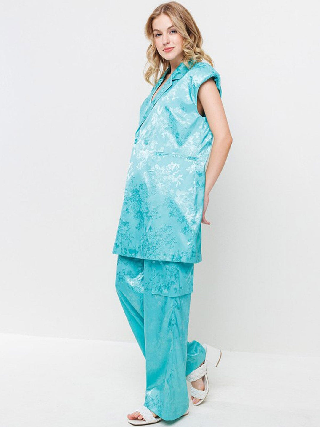 WOMEN'S SLEEVELESS SHOLDER PADDING TOP & WIDE LEG PANTS FLORAL 2PC. SET