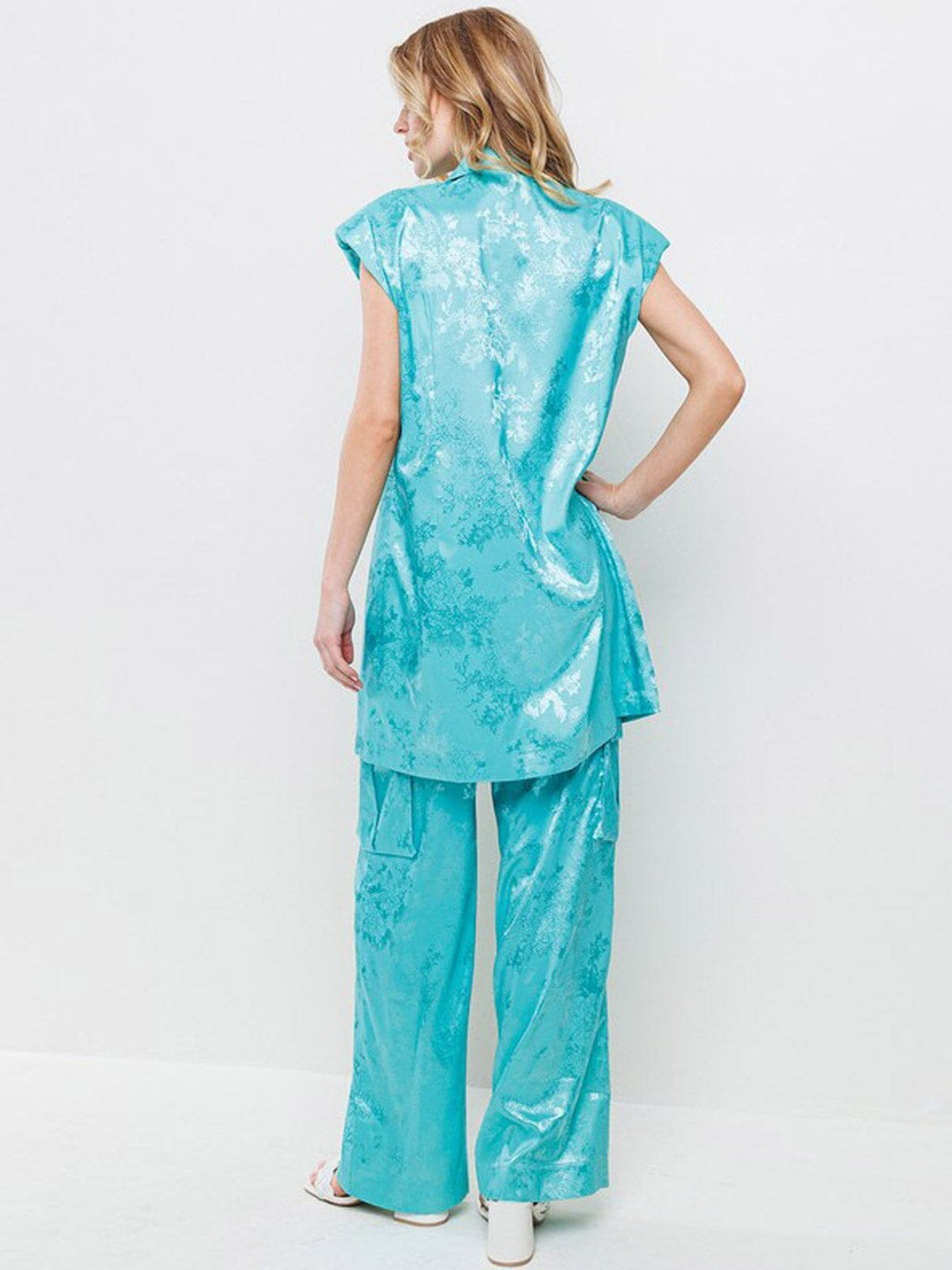 WOMEN'S SLEEVELESS SHOLDER PADDING TOP & WIDE LEG PANTS FLORAL 2PC. SET