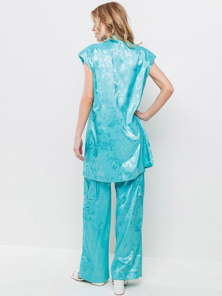 WOMEN'S SLEEVELESS SHOLDER PADDING TOP & WIDE LEG PANTS FLORAL 2PC. SET