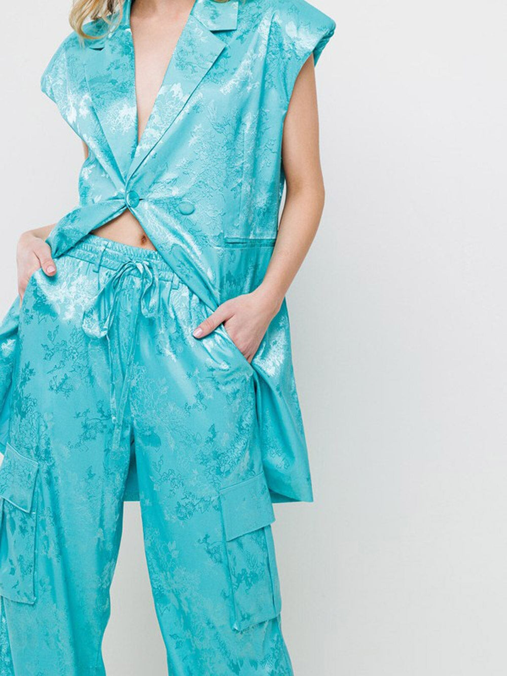 WOMEN'S SLEEVELESS SHOLDER PADDING TOP & WIDE LEG PANTS FLORAL 2PC. SET