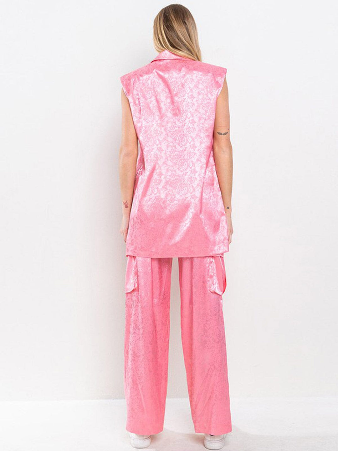 WOMEN'S SLEEVELESS SHOLDER PADDING TOP & WIDE LEG PANTS FLORAL 2PC. SET