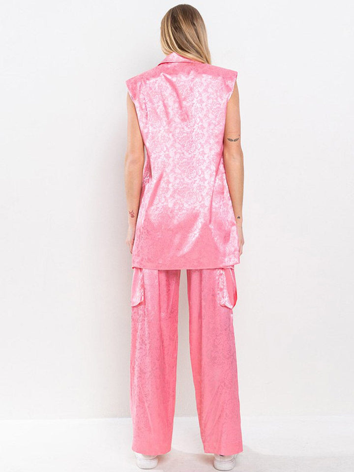 WOMEN'S SLEEVELESS SHOLDER PADDING TOP & WIDE LEG PANTS FLORAL 2PC. SET