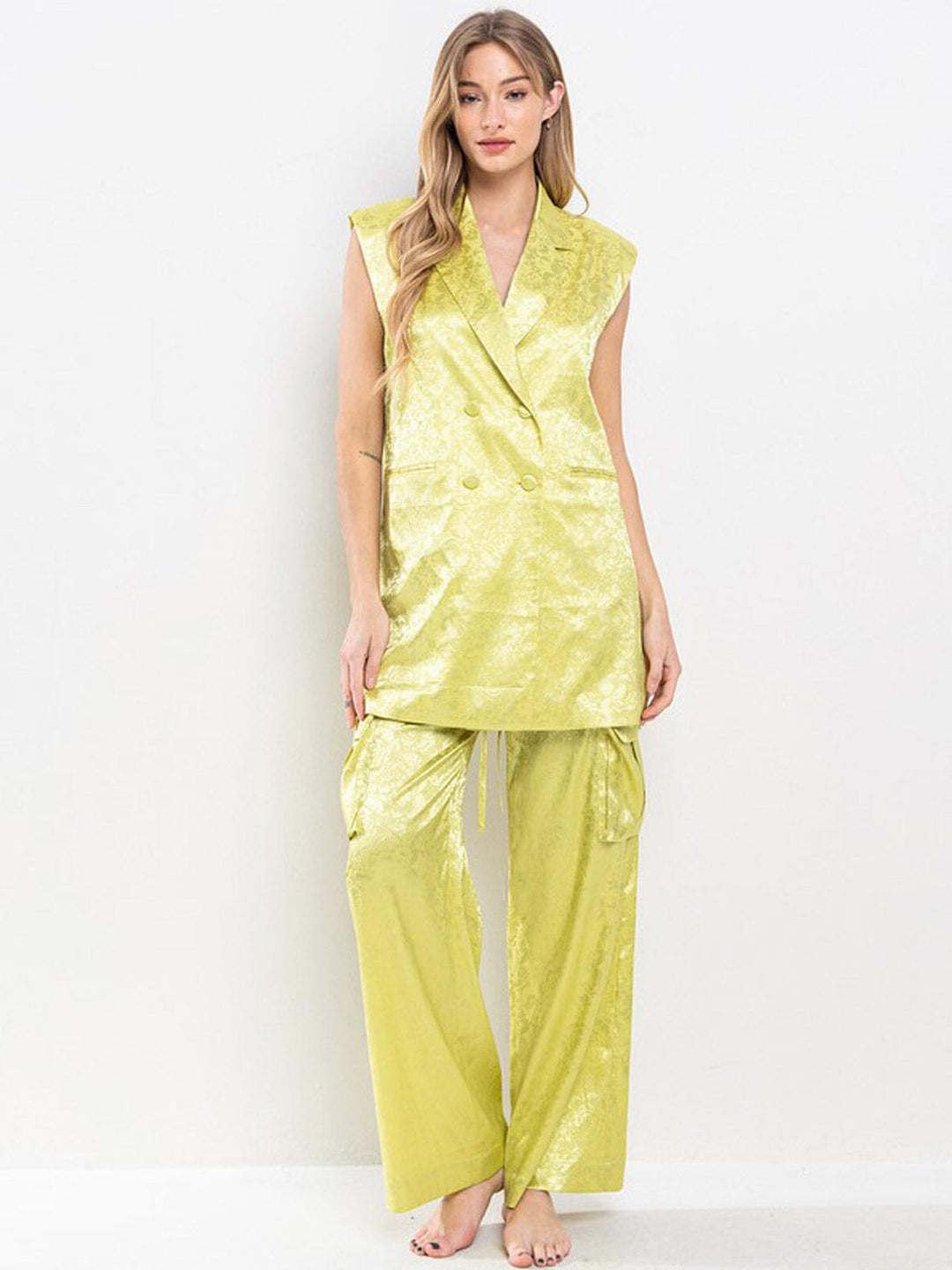 WOMEN'S SLEEVELESS SHOLDER PADDING TOP & WIDE LEG PANTS FLORAL 2PC. SET