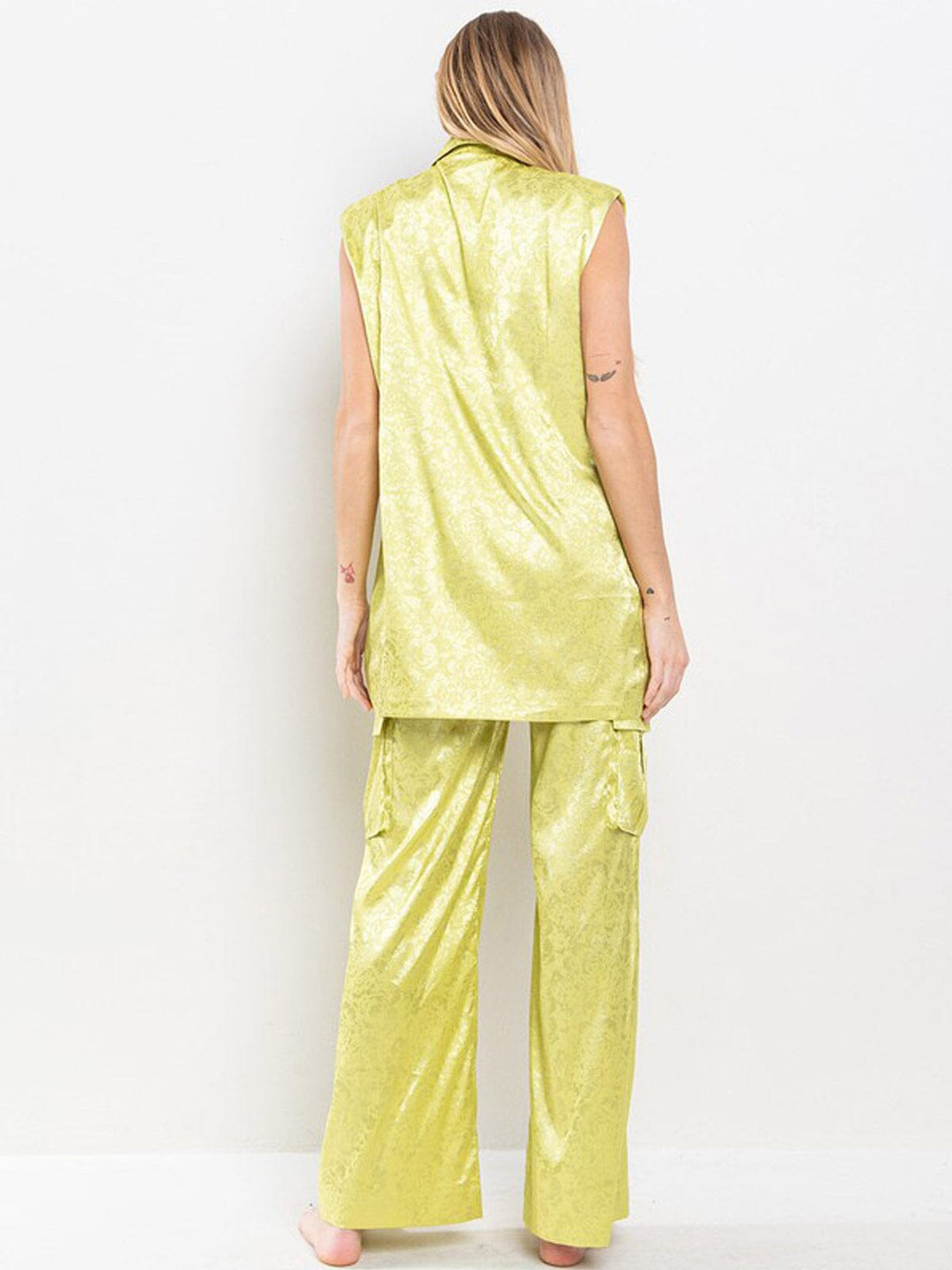 WOMEN'S SLEEVELESS SHOLDER PADDING TOP & WIDE LEG PANTS FLORAL 2PC. SET