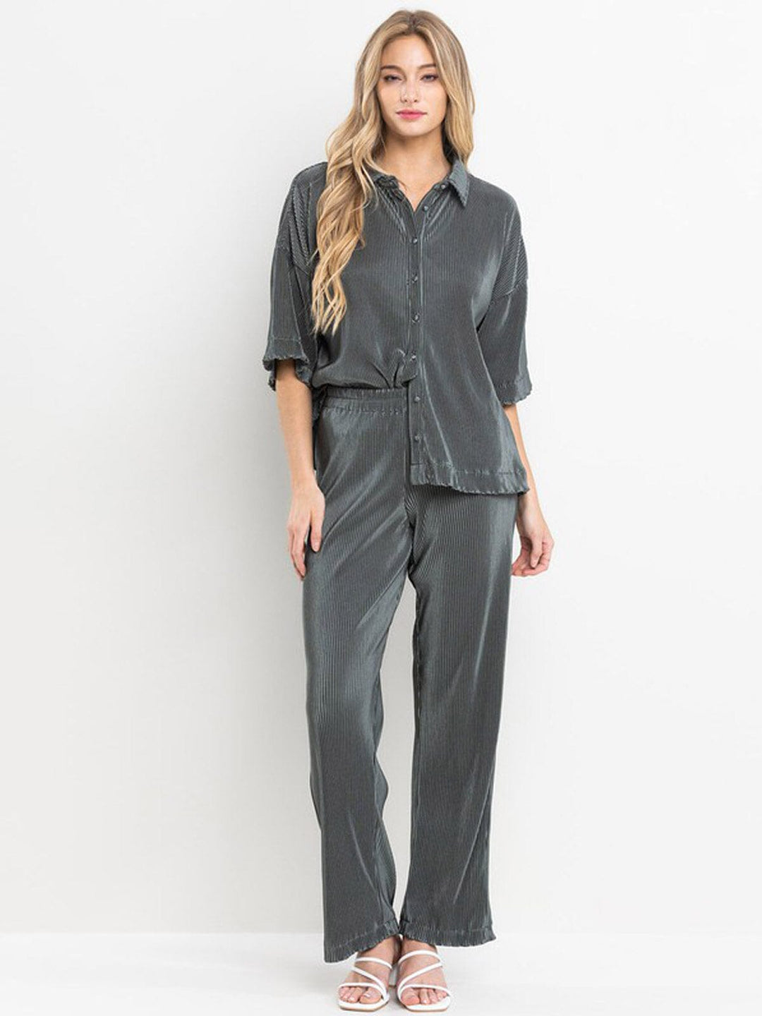 WOMEN'S SHORT SLEEVE BLOUSE & ELASTIC WAIST PANTS RIBBED 2PC. SET
