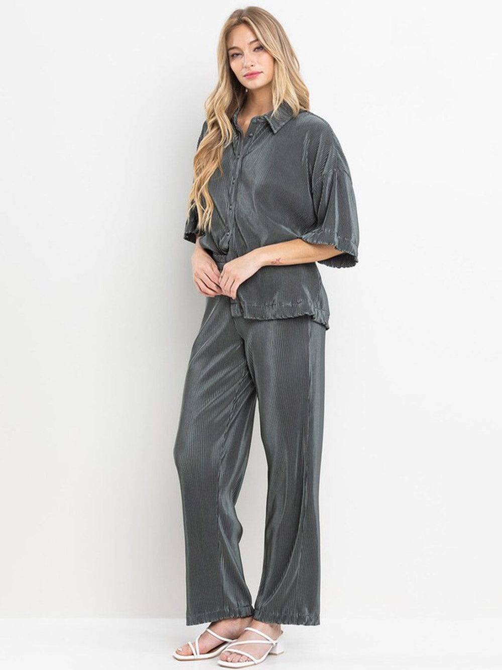 WOMEN'S SHORT SLEEVE BLOUSE & ELASTIC WAIST PANTS RIBBED 2PC. SET