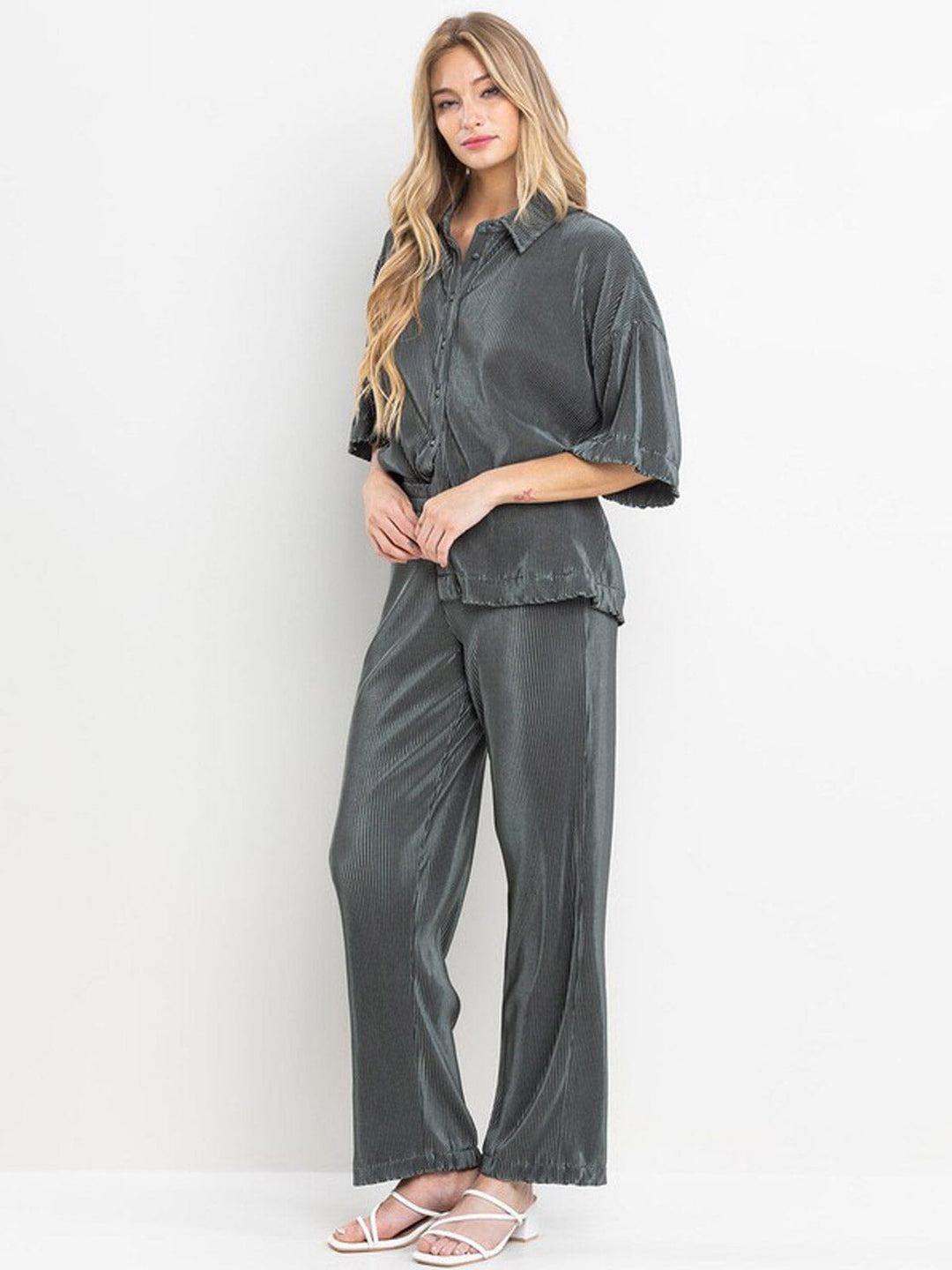 WOMEN'S SHORT SLEEVE BLOUSE & ELASTIC WAIST PANTS RIBBED 2PC. SET