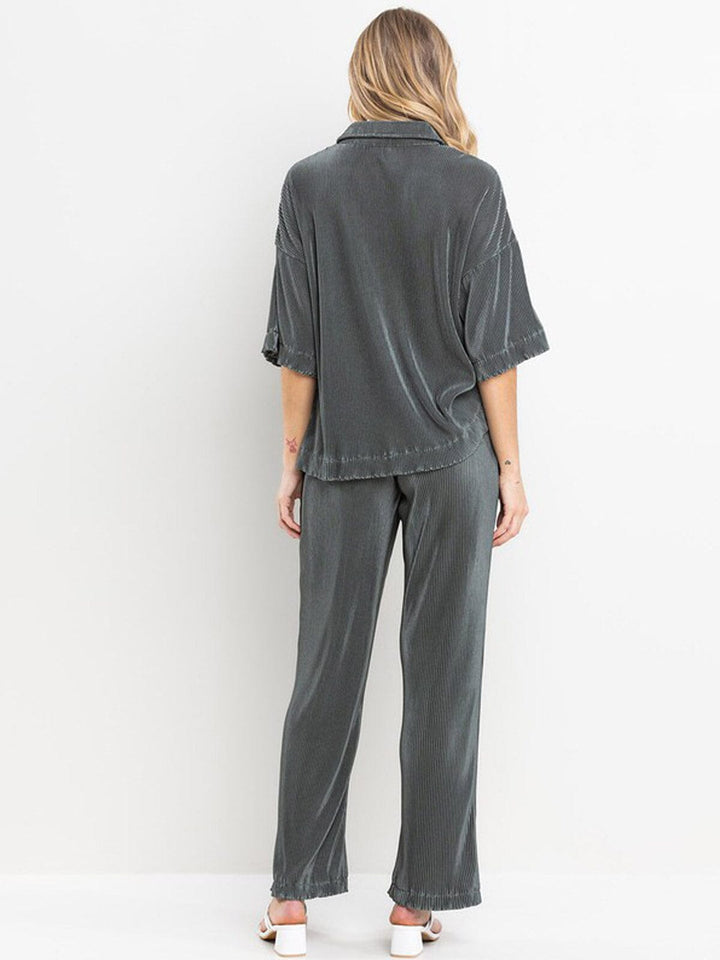 WOMEN'S SHORT SLEEVE BLOUSE & ELASTIC WAIST PANTS RIBBED 2PC. SET