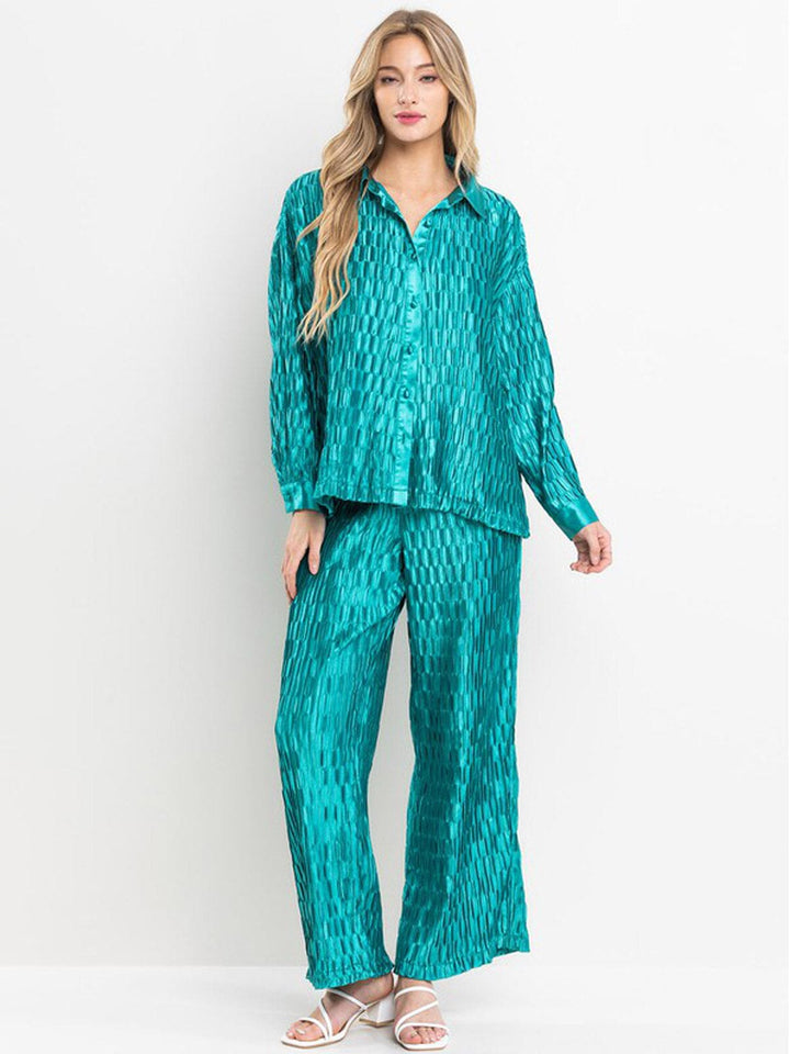 WOMEN'S LONG SLEEVE TOP & WIDE LEG PANTS RUCHED 2PC. SET