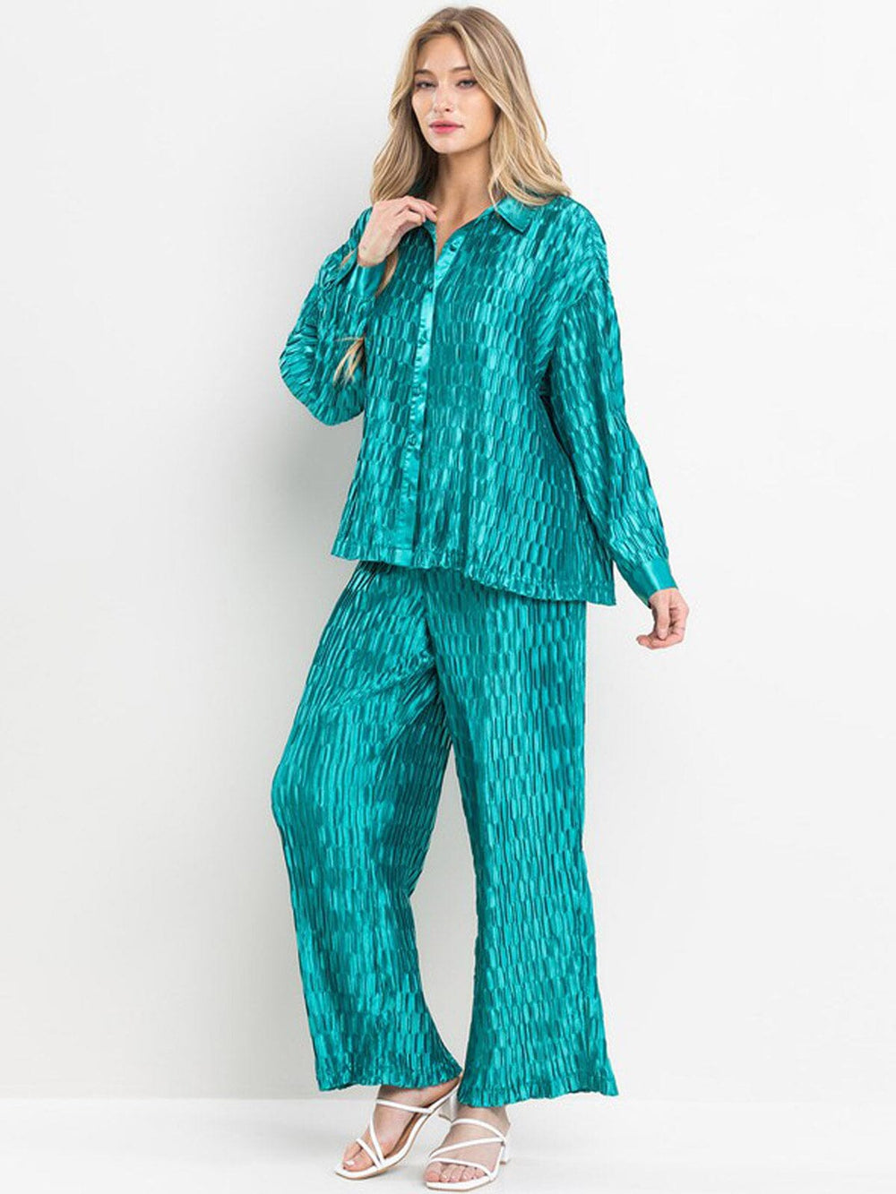 WOMEN'S LONG SLEEVE TOP & WIDE LEG PANTS RUCHED 2PC. SET