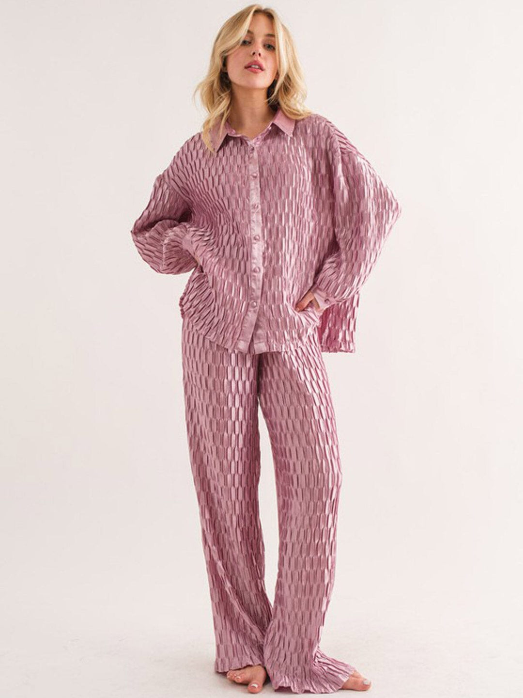 WOMEN'S LONG SLEEVE TOP & WIDE LEG PANTS RUCHED 2PC. SET