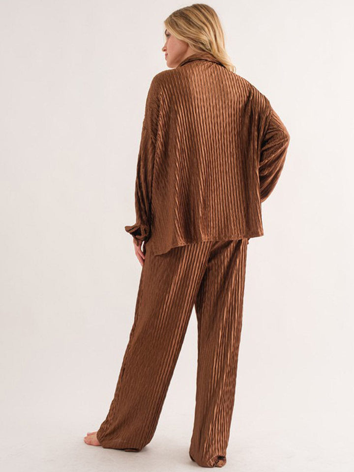 WOMEN'S LONG SLEEVE BUTTON UP TOP & WIDE LEG PANTS DETAILED 2PC. SET