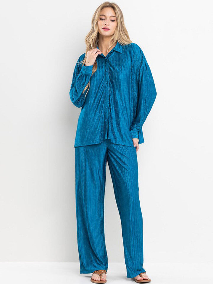 WOMEN'S LONG SLEEVE BUTTON UP TOP & WIDE LEG PANTS DETAILED 2PC. SET