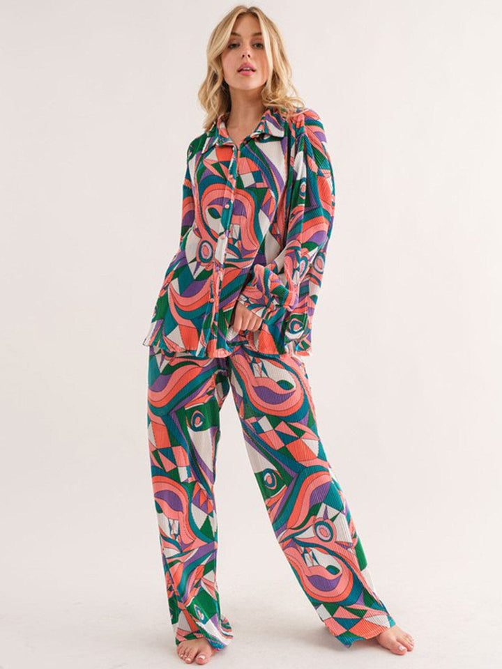WOMEN'S LONG SLEEVE BUTTON UP TOP & WIDE LEG PANTS MULTI PRINT 2PC. SET