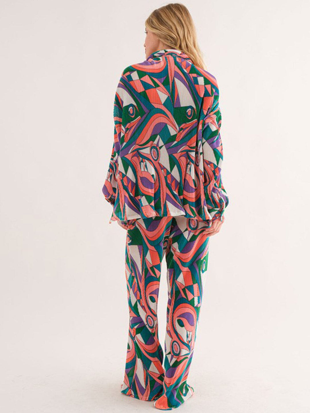 WOMEN'S LONG SLEEVE BUTTON UP TOP & WIDE LEG PANTS MULTI PRINT 2PC. SET