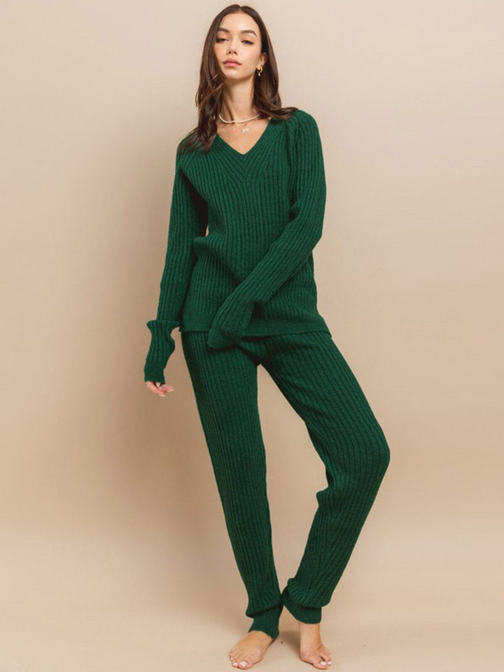 WOMEN'S LONG SLEEVE V-NECK TOP & PANTS RIBBED 2PC. SET