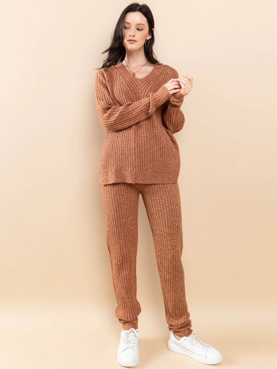 WOMEN'S LONG SLEEVE V-NECK TOP & PANTS RIBBED 2PC. SET