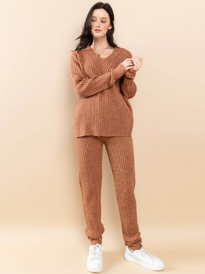 WOMEN'S LONG SLEEVE V-NECK TOP & PANTS RIBBED 2PC. SET