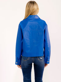 WOMEN'S LONG SLEEVE BUTTON CLOSURE FRONT POCKETS STUDS PU PLEATHER JACKET