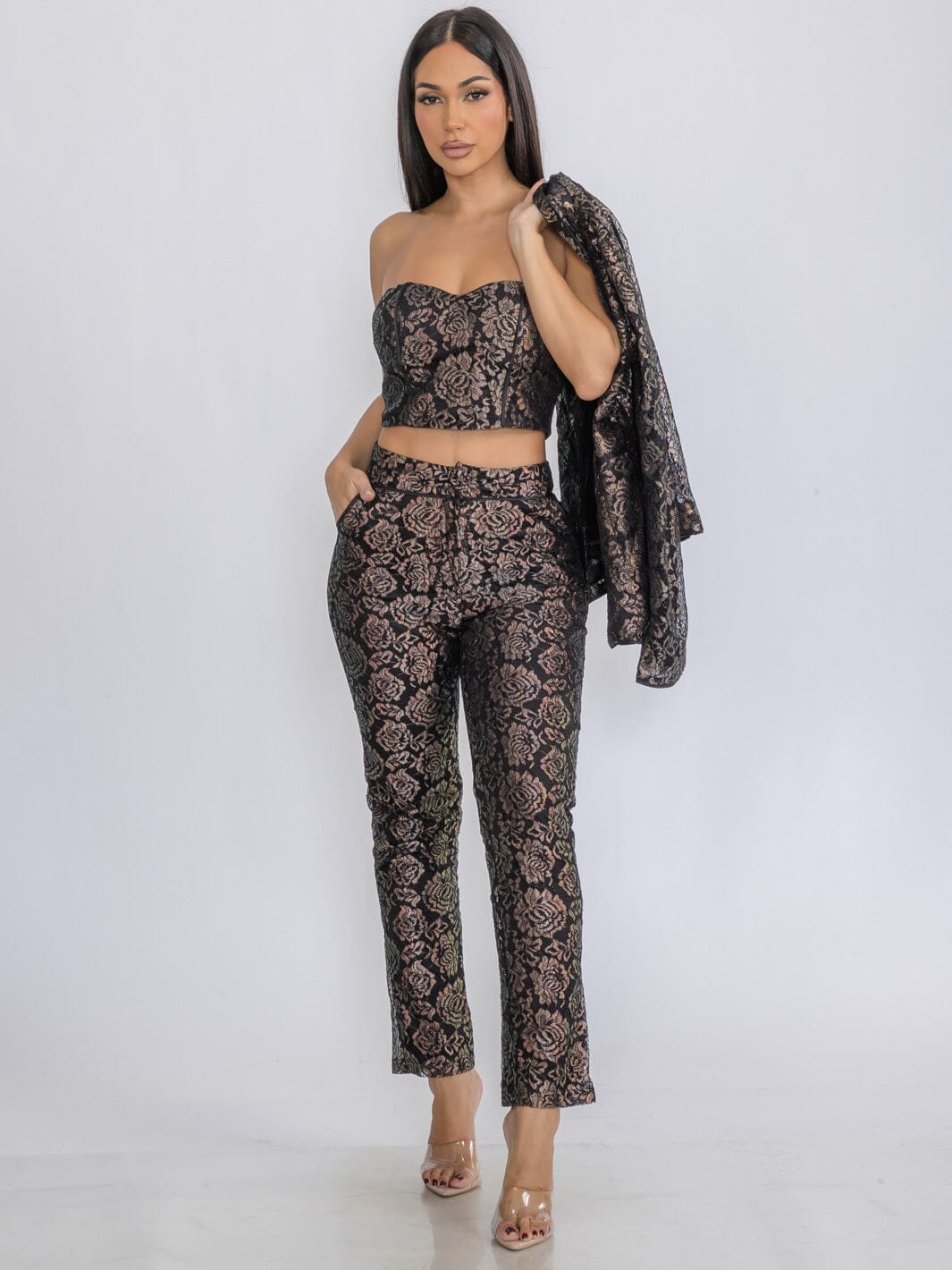 WOMEN'S CROP TOP WITH BLAZER & PANTS SHIMMER FLORAL 3PC. SET