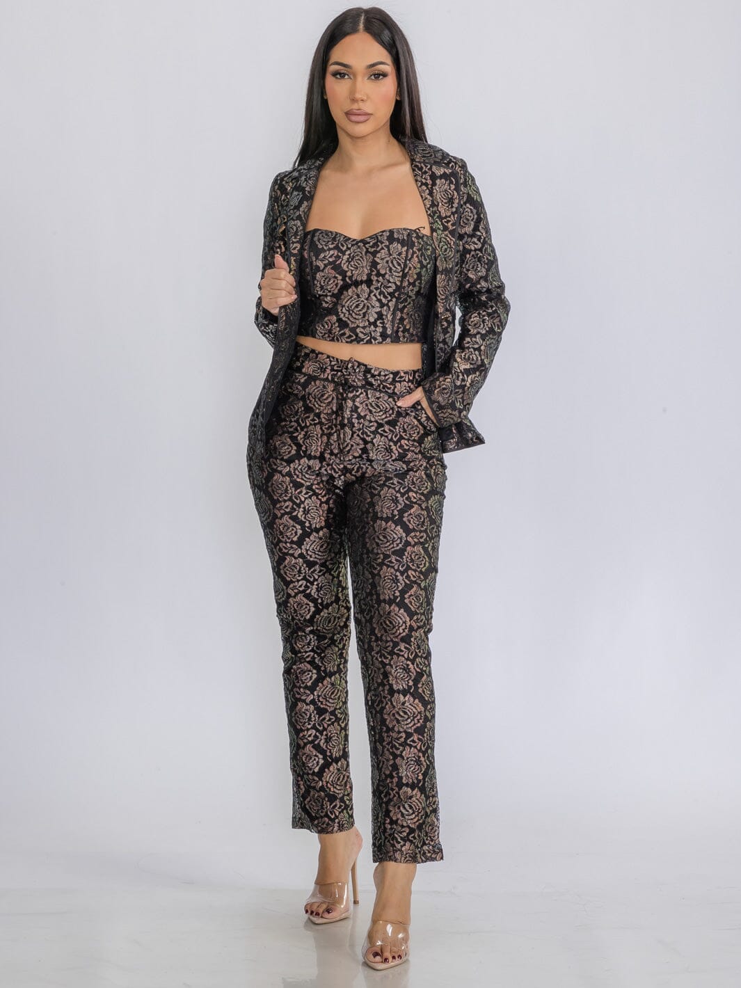 WOMEN'S CROP TOP WITH BLAZER & PANTS SHIMMER FLORAL 3PC. SET