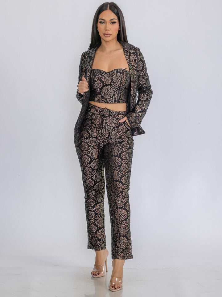 WOMEN'S CROP TOP WITH BLAZER & PANTS SHIMMER FLORAL 3PC. SET
