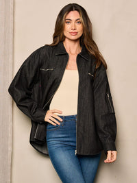 WOMEN'S LONG SLEEVE ZIP UP POCKETS DENIM JACKET