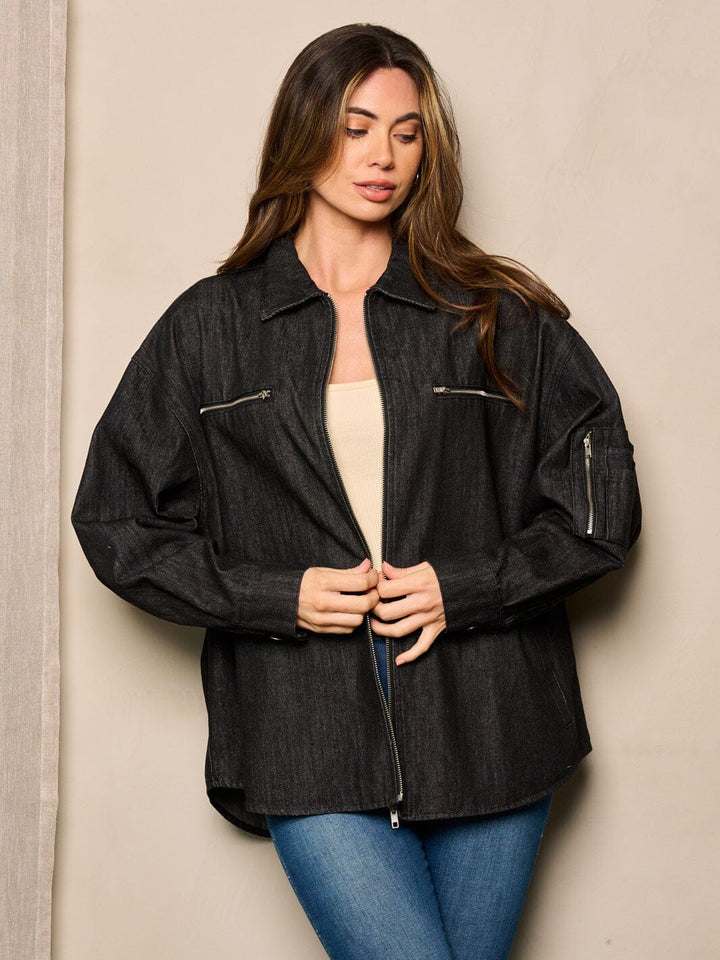 WOMEN'S LONG SLEEVE ZIP UP POCKETS DENIM JACKET