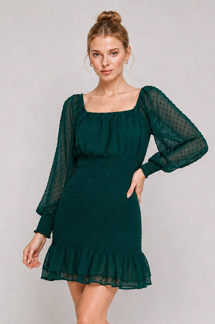 WOMEN'S LONG SLEEVE SQUARE NECK SMOCK WAIST SWISS MINI DRESS