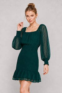 WOMEN'S LONG SLEEVE SQUARE NECK SMOCK WAIST SWISS MINI DRESS