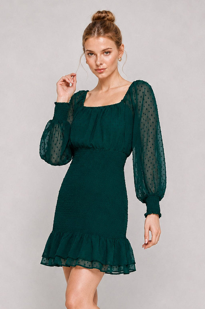 WOMEN'S LONG SLEEVE SQUARE NECK SMOCK WAIST SWISS MINI DRESS