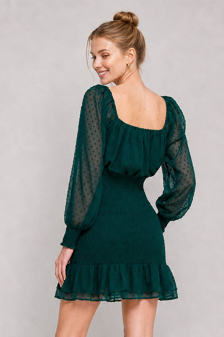 WOMEN'S LONG SLEEVE SQUARE NECK SMOCK WAIST SWISS MINI DRESS