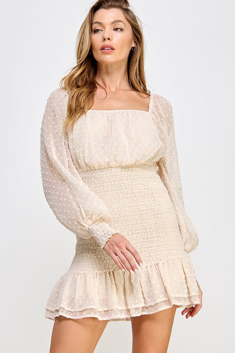 WOMEN'S LONG SLEEVE SQUARE NECK SMOCK WAIST SWISS MINI DRESS