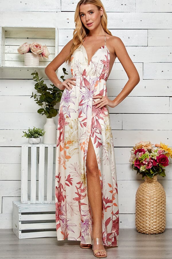 WOMEN'S SLEEVELESS V-NECK SURPLICE OPEN BACK FLORAL PRINT MAXI DRESS