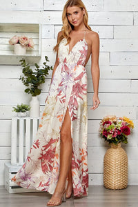 WOMEN'S SLEEVELESS V-NECK SURPLICE OPEN BACK FLORAL PRINT MAXI DRESS