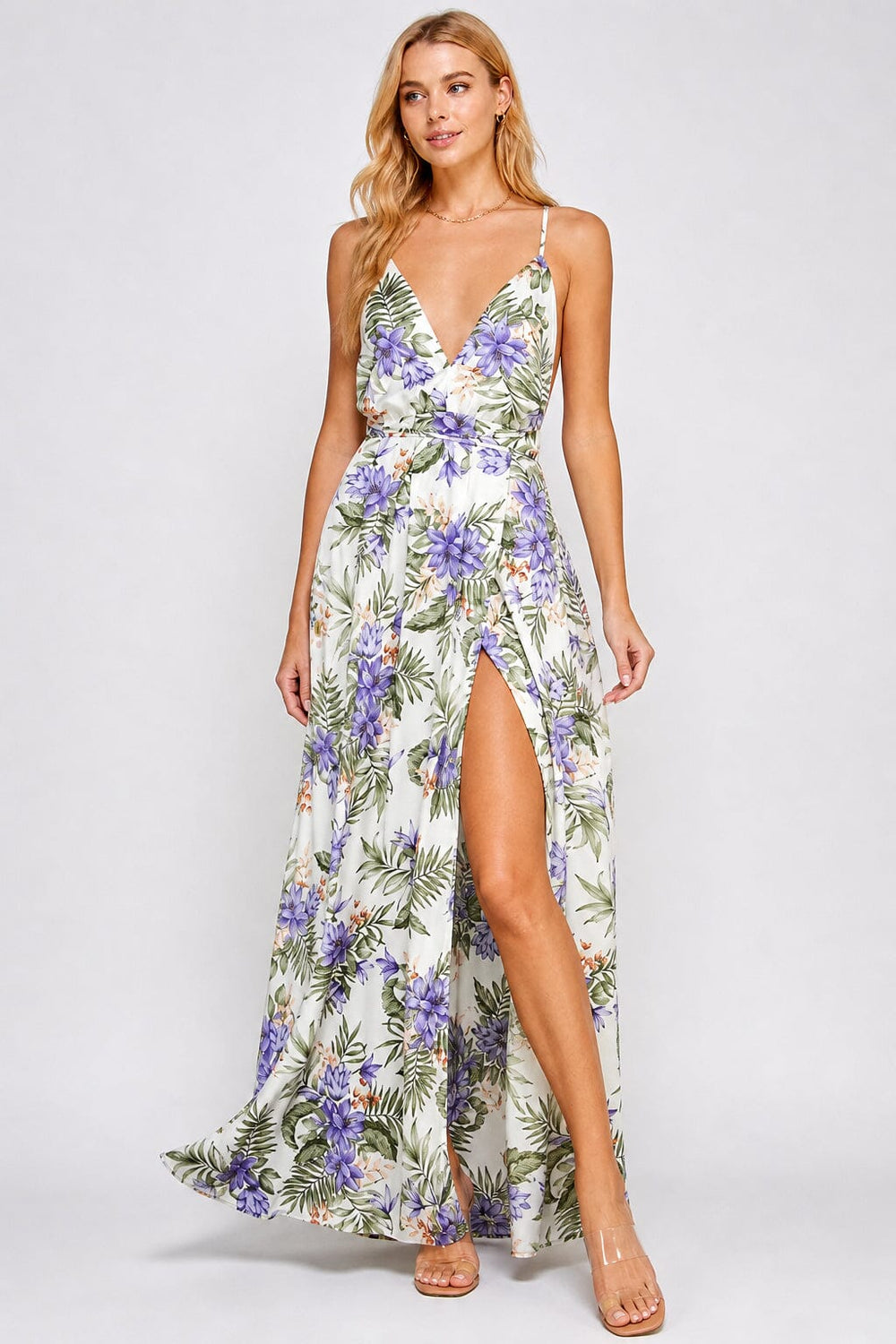 WOMEN'S SLEEVELESS V-NECK SURPLICE OPEN BACK FLORAL PRINT MAXI DRESS