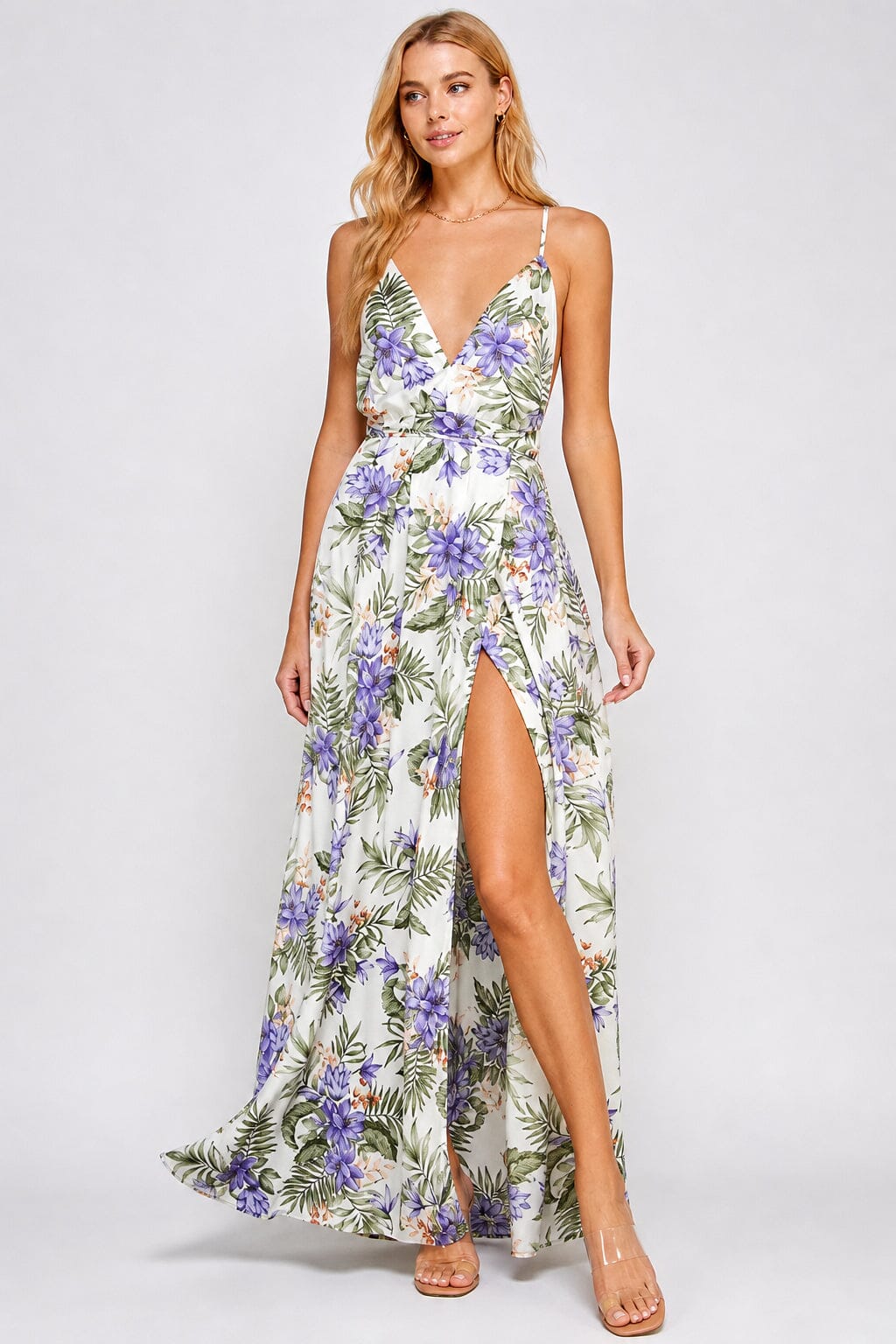 WOMEN'S SLEEVELESS V-NECK SURPLICE OPEN BACK FLORAL PRINT MAXI DRESS