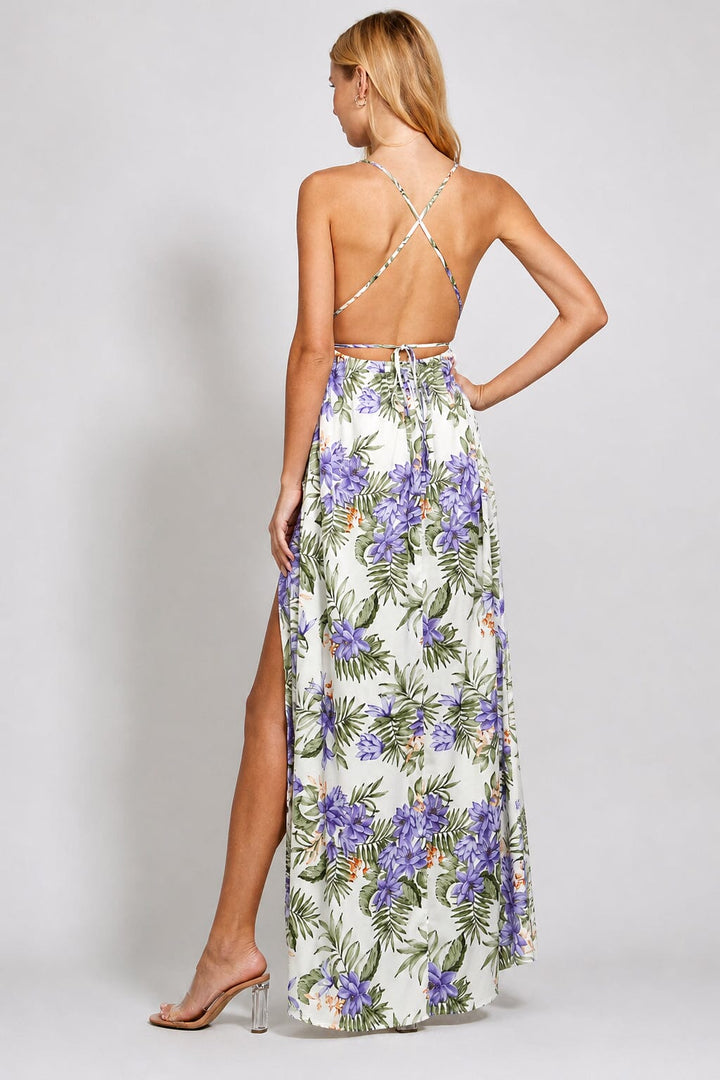 WOMEN'S SLEEVELESS V-NECK SURPLICE OPEN BACK FLORAL PRINT MAXI DRESS