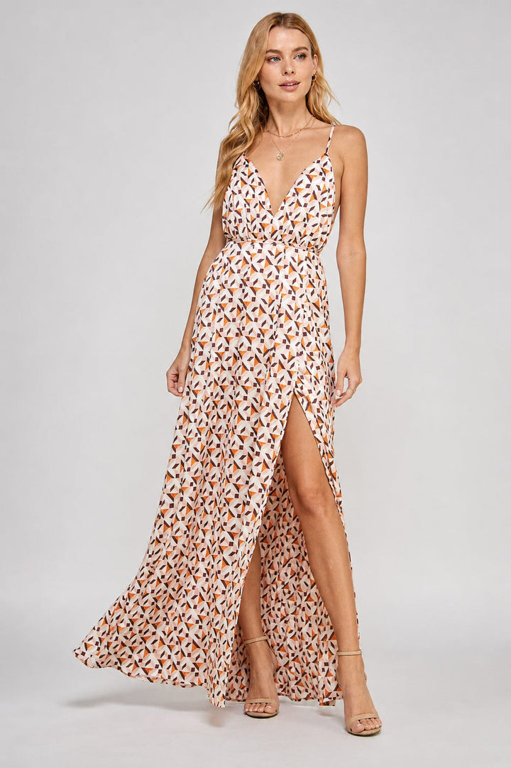 WOMEN'S SLEEVELESS V-NECK SURPLICE OPEN BACK MULTI PRINT MAXI DRESS