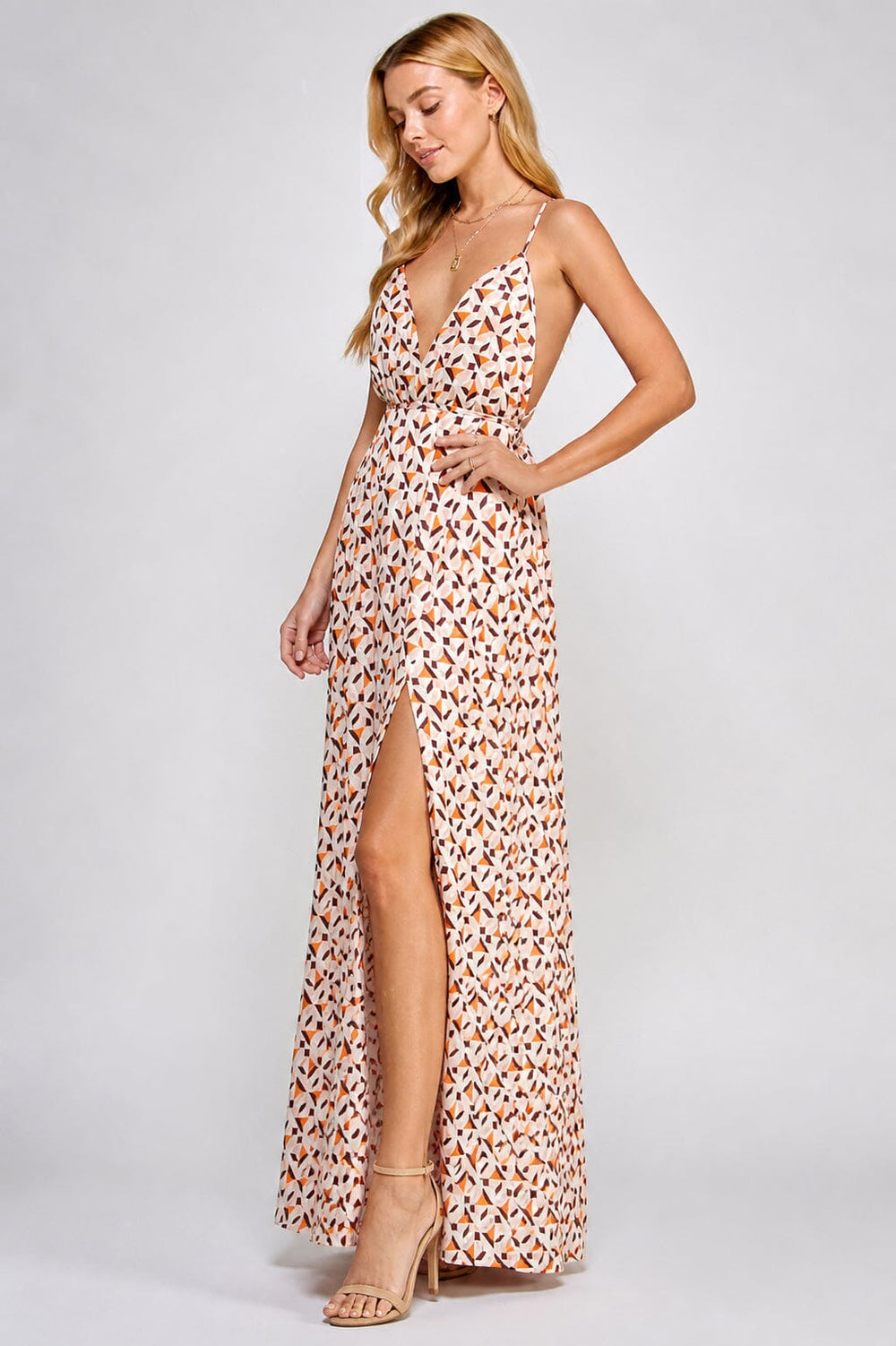 WOMEN'S SLEEVELESS V-NECK SURPLICE OPEN BACK MULTI PRINT MAXI DRESS