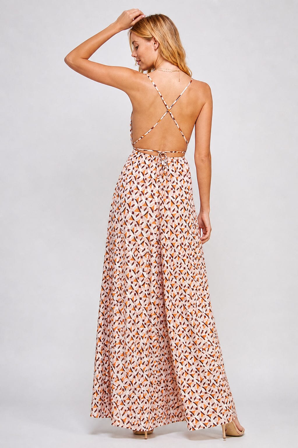 WOMEN'S SLEEVELESS V-NECK SURPLICE OPEN BACK MULTI PRINT MAXI DRESS