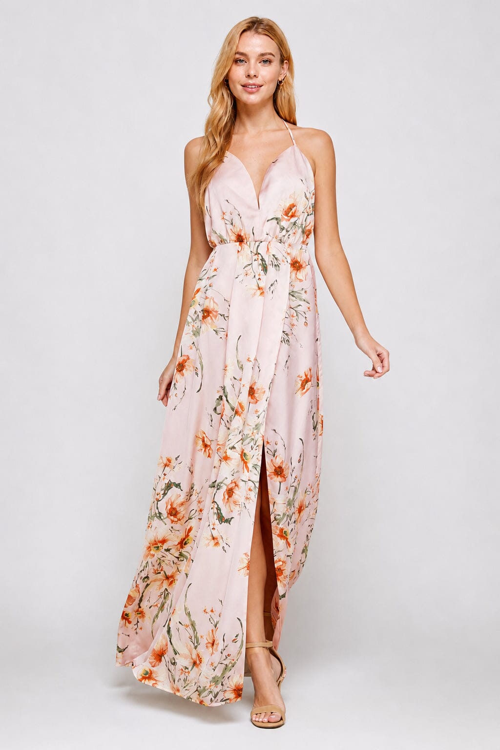 WOMEN'S SLEEVELESS V-NECK SURPLICE OPEN BACK FLORAL PRINT MAXI DRESS