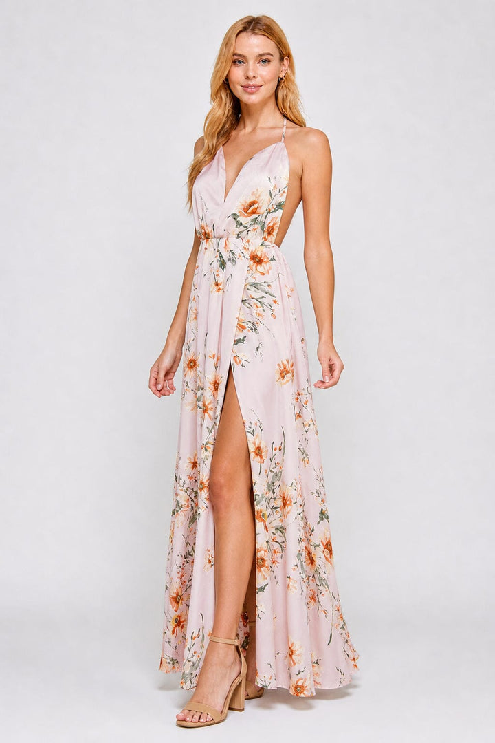 WOMEN'S SLEEVELESS V-NECK SURPLICE OPEN BACK FLORAL PRINT MAXI DRESS