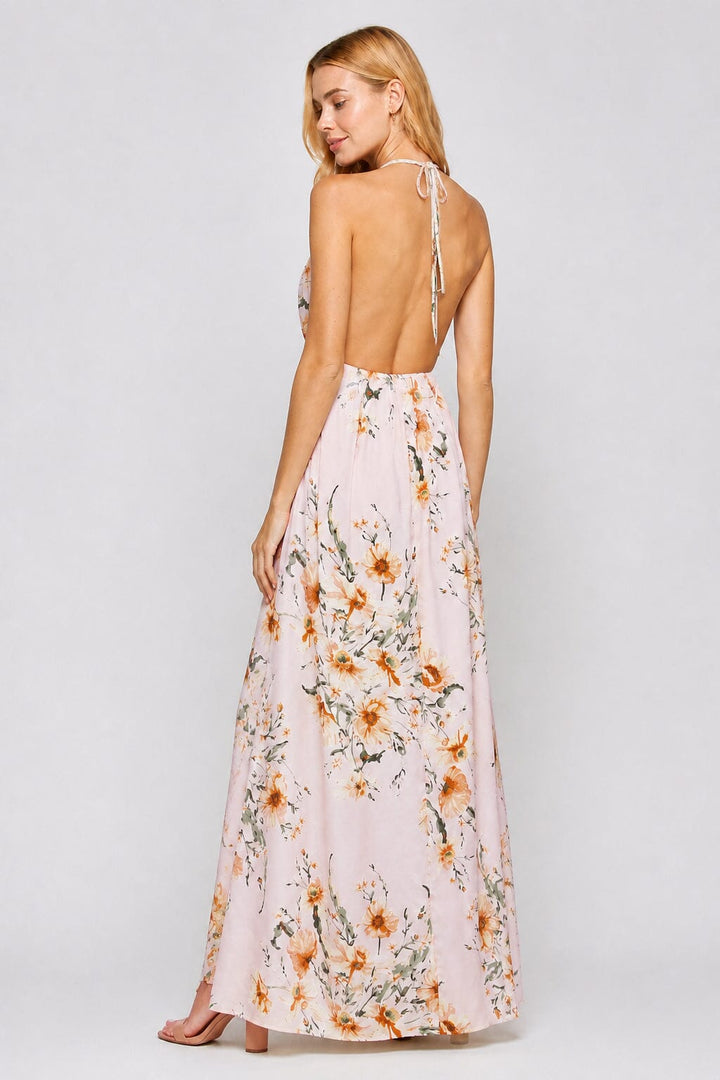 WOMEN'S SLEEVELESS V-NECK SURPLICE OPEN BACK FLORAL PRINT MAXI DRESS